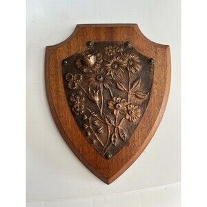 VTG Wooden Copper Metal Floral Shield Home Decor French 7-8” in